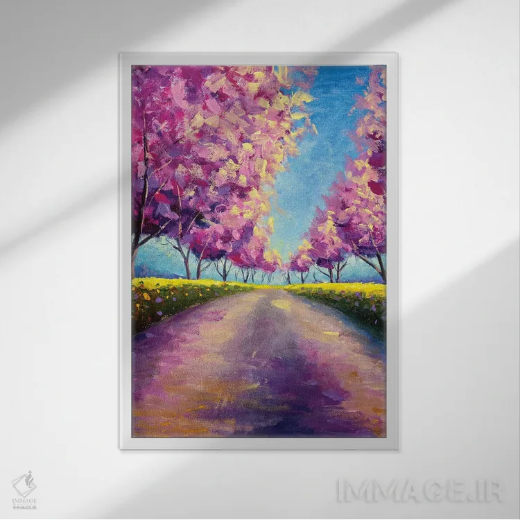 تابلو دکوراتیو کوچه شکوفه زده ساکورای صورتی II اثر والری ریباکوف - نمای قابدار سفید