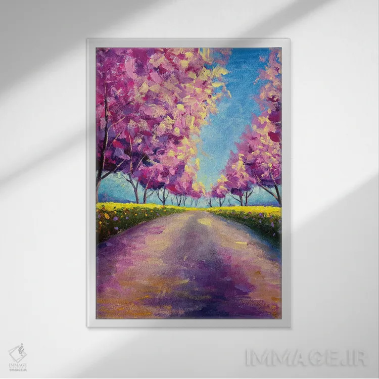 تابلو دکوراتیو کوچه شکوفه زده ساکورای صورتی II اثر والری ریباکوف - نمای قابدار سفید