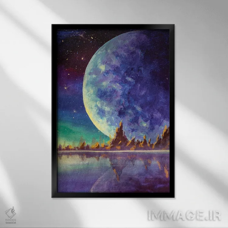 تابلو دکوراتیو Dawn Glow In Sea Ocean Behind Mountains,ماه بزرگ، سیاره ز… اثر والری ریباکوف - نمای قابدار مشکی