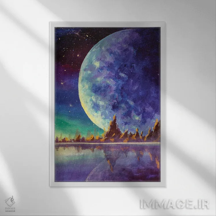 تابلو دکوراتیو Dawn Glow In Sea Ocean Behind Mountains,ماه بزرگ، سیاره ز… اثر والری ریباکوف - نمای قابدار سفید