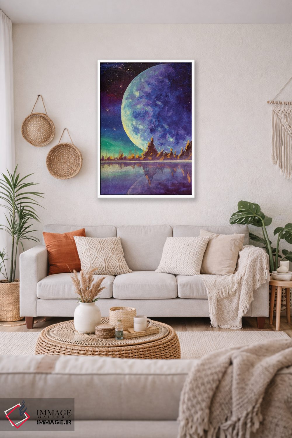 تابلو دکوراتیو Dawn Glow In Sea Ocean Behind Mountains,ماه بزرگ، سیاره ز… اثر والری ریباکوف - D1W