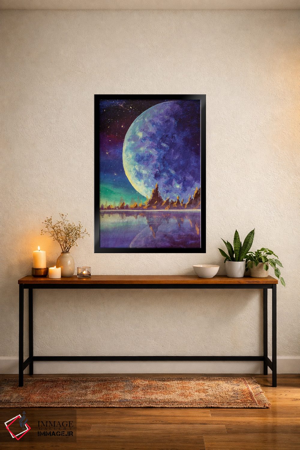 تابلو دکوراتیو Dawn Glow In Sea Ocean Behind Mountains,ماه بزرگ، سیاره ز… اثر والری ریباکوف - D4B