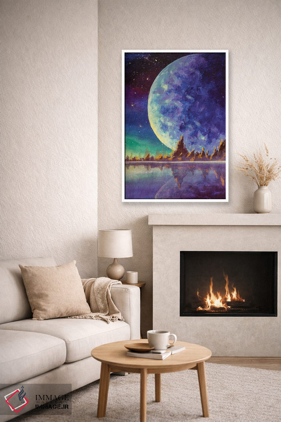 تابلو دکوراتیو Dawn Glow In Sea Ocean Behind Mountains,ماه بزرگ، سیاره ز… اثر والری ریباکوف - D6W