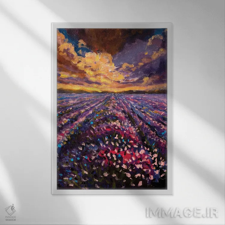 تابلو دکوراتیو مزرعه اسطوخودوس به سبک امپرسیونیسم در غروب یا طلوع آفتاب اثر والری ریباکوف - نمای قابدار سفید