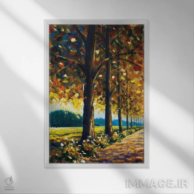 تابلو دکوراتیو درختان پاییزی گرم در روز آفتابی اثر والری ریباکوف - نمای قابدار سفید