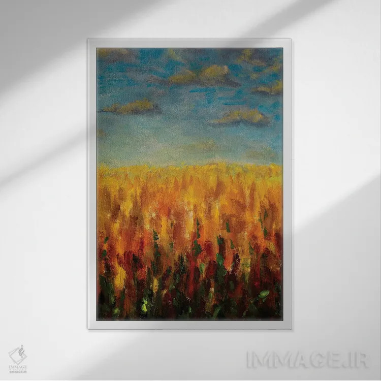 تابلو دکوراتیو چشم انداز گرم تابستانی-پاییزی از افق مزرعه اثر والری ریباکوف - نمای قابدار سفید