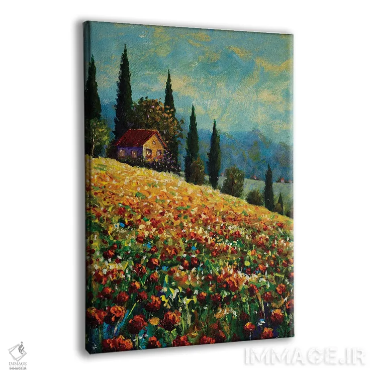 تابلو دکوراتیو خانه قدیمی زیبا روی کوه گل دار آفتابی اثر والری ریباکوف - نمای پرسپکتیو محصول