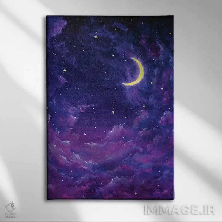 تابلو انتزاعی ماه بزرگ تابان و ابرهای بنفش مخملی در آسمان شب پرستاره اثر والری ریباکوف - نمای روبهرو روی دیوار