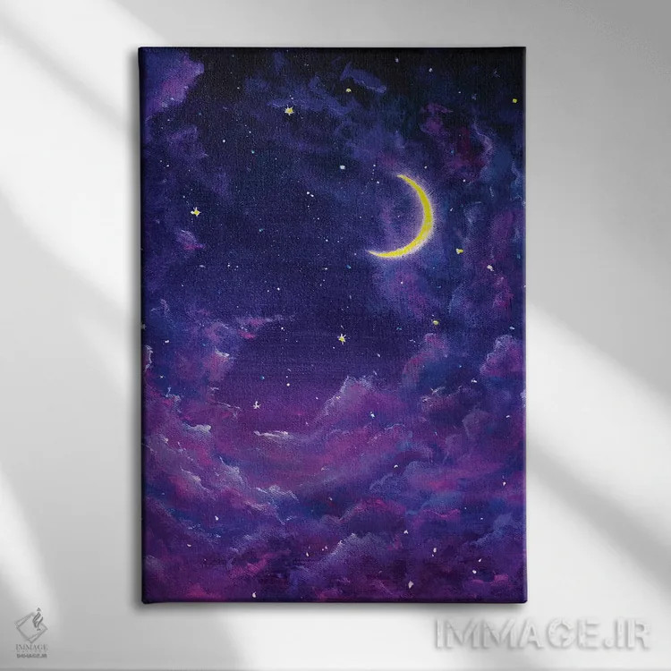 تابلو انتزاعی ماه بزرگ تابان و ابرهای بنفش مخملی در آسمان شب پرستاره اثر والری ریباکوف - نمای روبهرو روی دیوار