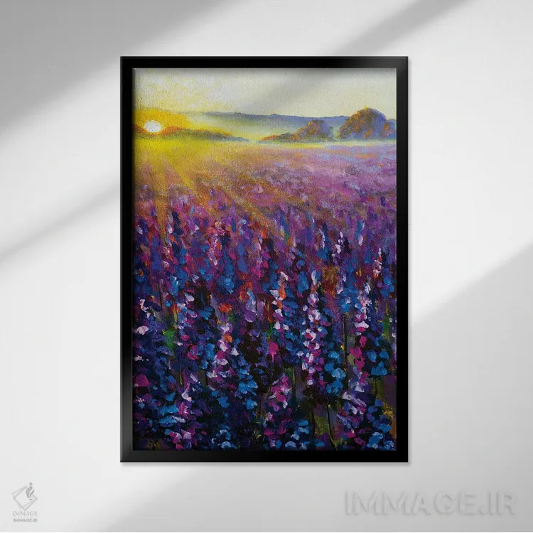 تابلو دکوراتیو اسطوخودوس بنفش در طلوع آفتاب ۲ اثر والری ریباکوف - نمای قابدار مشکی