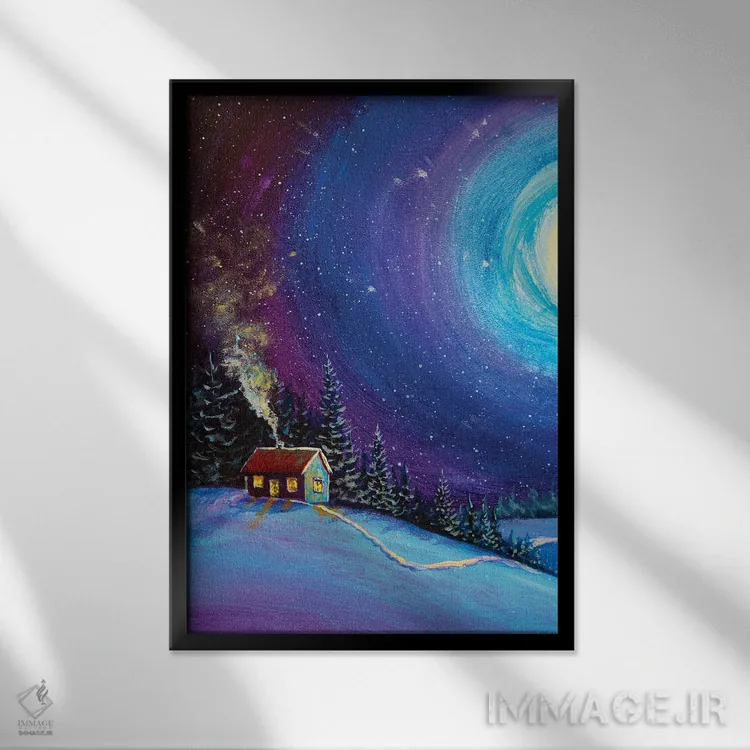 تابلو انتزاعی خانه کریسمس و آدم برفی در جنگل جادویی شب زمستانی اثر والری ریباکوف - نمای قابدار مشکی