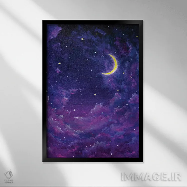 تابلو انتزاعی ماه بزرگ تابان و ابرهای بنفش مخملی در آسمان شب پرستاره اثر والری ریباکوف - نمای قابدار مشکی