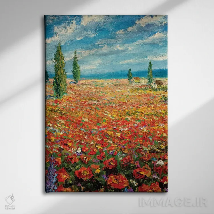 تابلو دکوراتیو منظره گل های قرمز اثر والری ریباکوف - نمای روبهرو روی دیوار