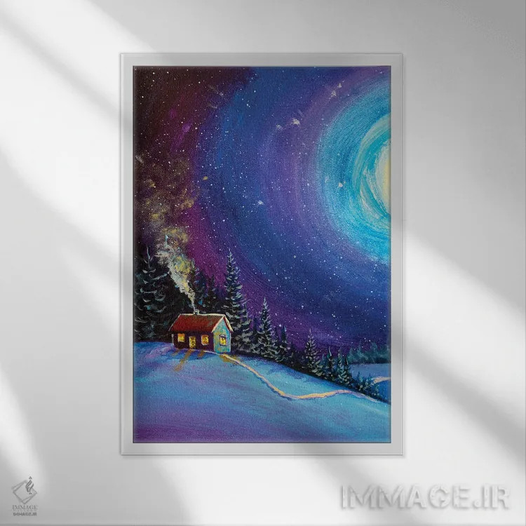 تابلو انتزاعی خانه کریسمس و آدم برفی در جنگل جادویی شب زمستانی اثر والری ریباکوف - نمای قابدار سفید