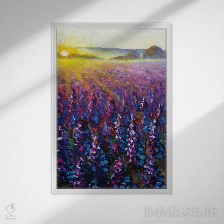تابلو دکوراتیو اسطوخودوس بنفش در طلوع آفتاب ۲ اثر والری ریباکوف - نمای قابدار سفید