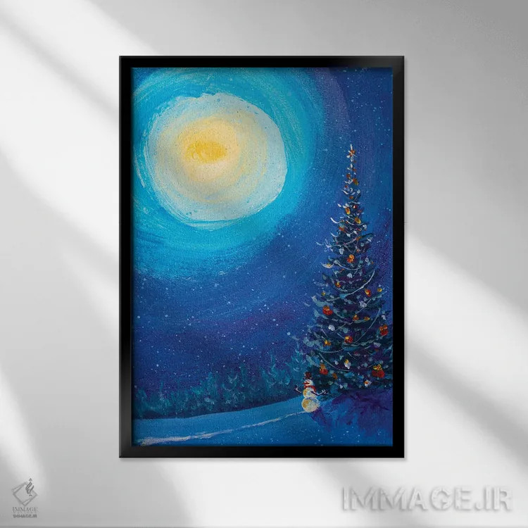 تابلو انتزاعی آدم برفی کریسمس در شب زمستانی اثر والری ریباکوف - نمای قابدار مشکی