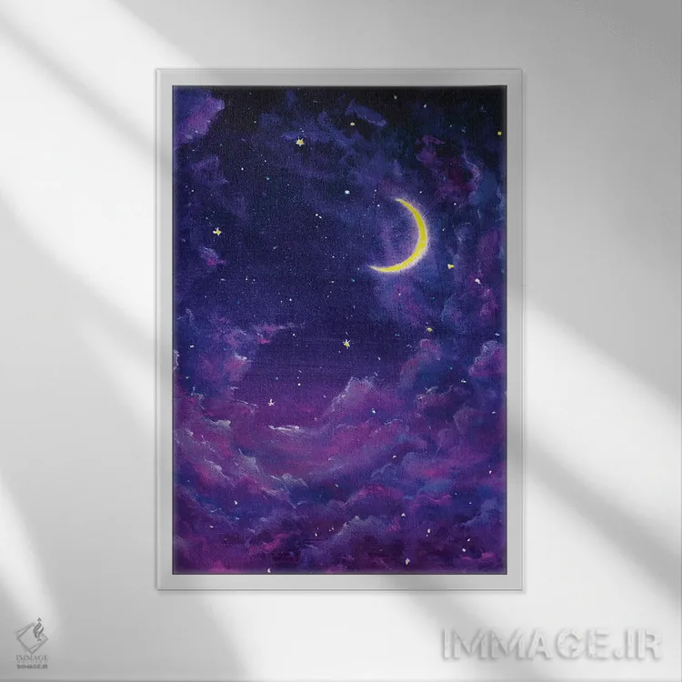 تابلو انتزاعی ماه بزرگ تابان و ابرهای بنفش مخملی در آسمان شب پرستاره اثر والری ریباکوف - نمای قابدار سفید