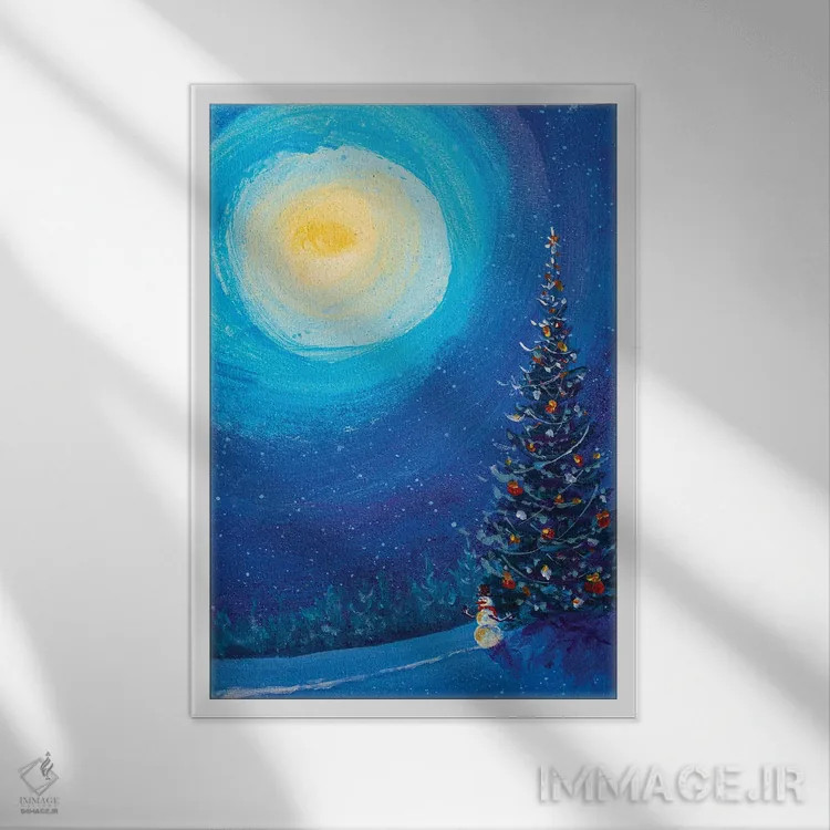 تابلو انتزاعی آدم برفی کریسمس در شب زمستانی اثر والری ریباکوف - نمای قابدار سفید