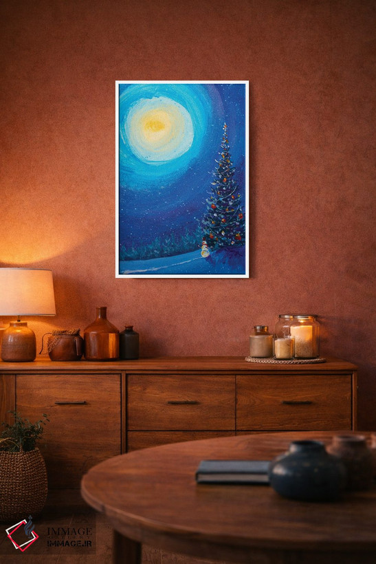 تابلو انتزاعی آدم برفی کریسمس در شب زمستانی اثر والری ریباکوف - D3W