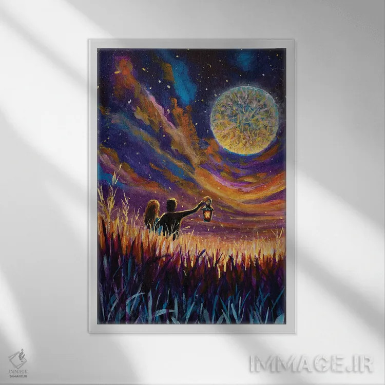تابلو انتزاعی قرار عاشقانه در نور فانوس ها و ماه بزرگ در جنگل اثر والری ریباکوف - نمای قابدار سفید