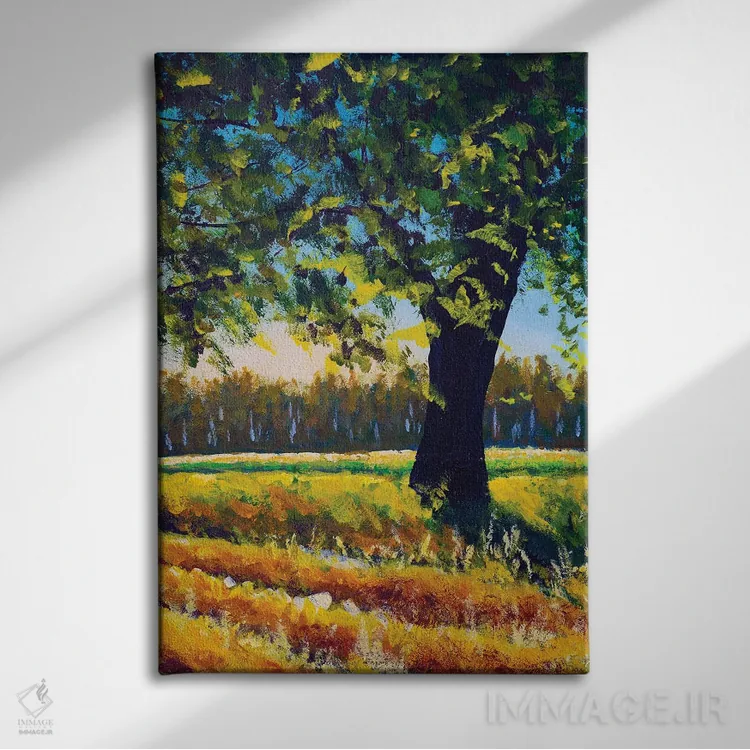 تابلو دکوراتیو منظره طبیعت تابستانی گرم با درخت بزرگ در مزرعه اثر والری ریباکوف - نمای روبهرو روی دیوار