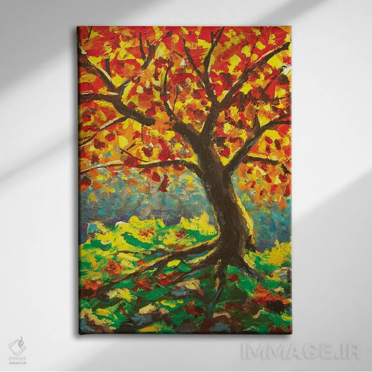 تابلو دکوراتیو درخت بزرگ و کهنسال پاییزی بر کوه سبز اثر والری ریباکوف - نمای روبهرو روی دیوار
