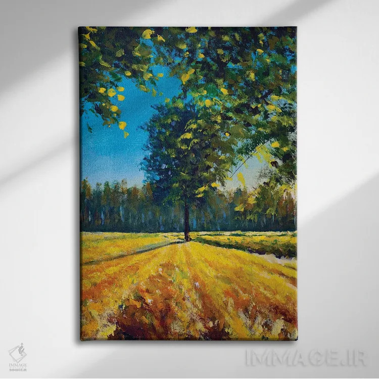 تابلو دکوراتیو منظره طبیعت تابستانی گرم با درخت بزرگ در مزرعه اثر والری ریباکوف - نمای روبهرو روی دیوار