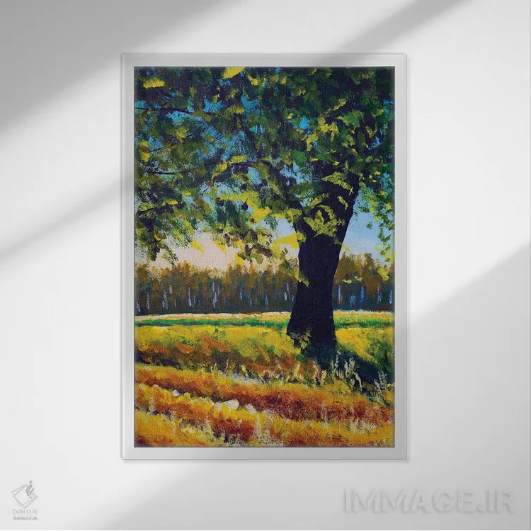 تابلو دکوراتیو منظره طبیعت تابستانی گرم با درخت بزرگ در مزرعه اثر والری ریباکوف - نمای قابدار سفید