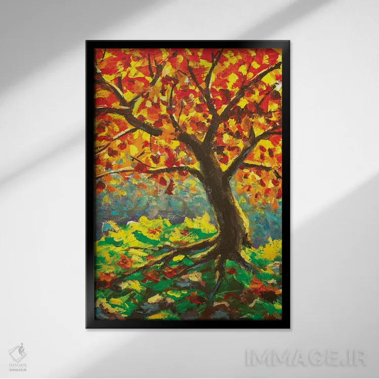 تابلو دکوراتیو درخت بزرگ و کهنسال پاییزی بر کوه سبز اثر والری ریباکوف - نمای قابدار مشکی