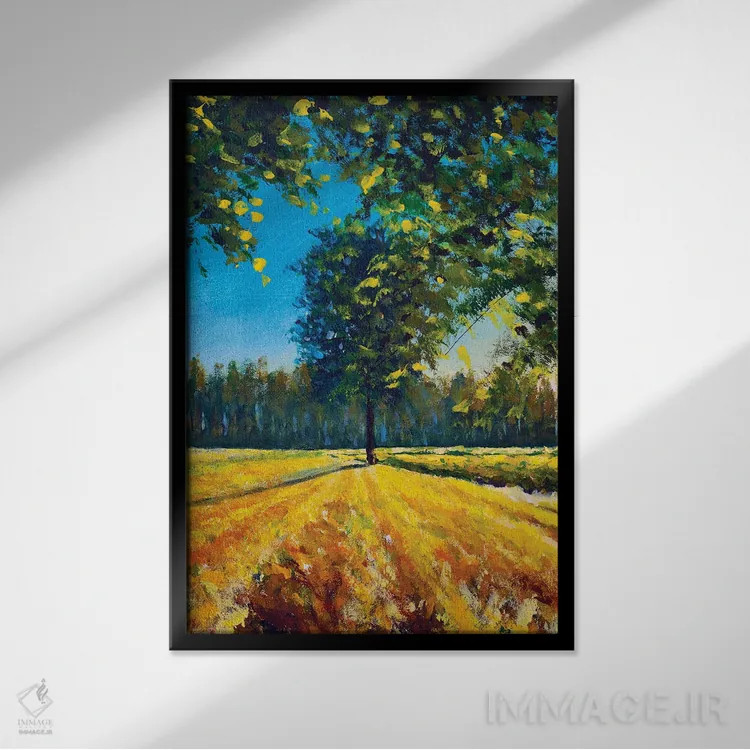 تابلو دکوراتیو منظره طبیعت تابستانی گرم با درخت بزرگ در مزرعه اثر والری ریباکوف - نمای قابدار مشکی