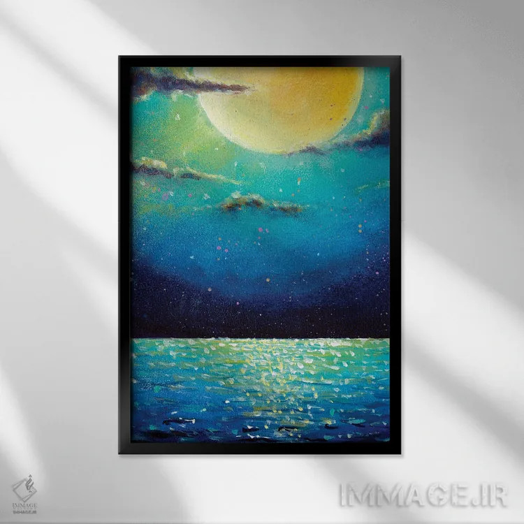 تابلو انتزاعی شب اسرارآمیز با ماه بزرگ تابان، سیاره و خورشید بر فراز اقی… اثر والری ریباکوف - نمای قابدار مشکی