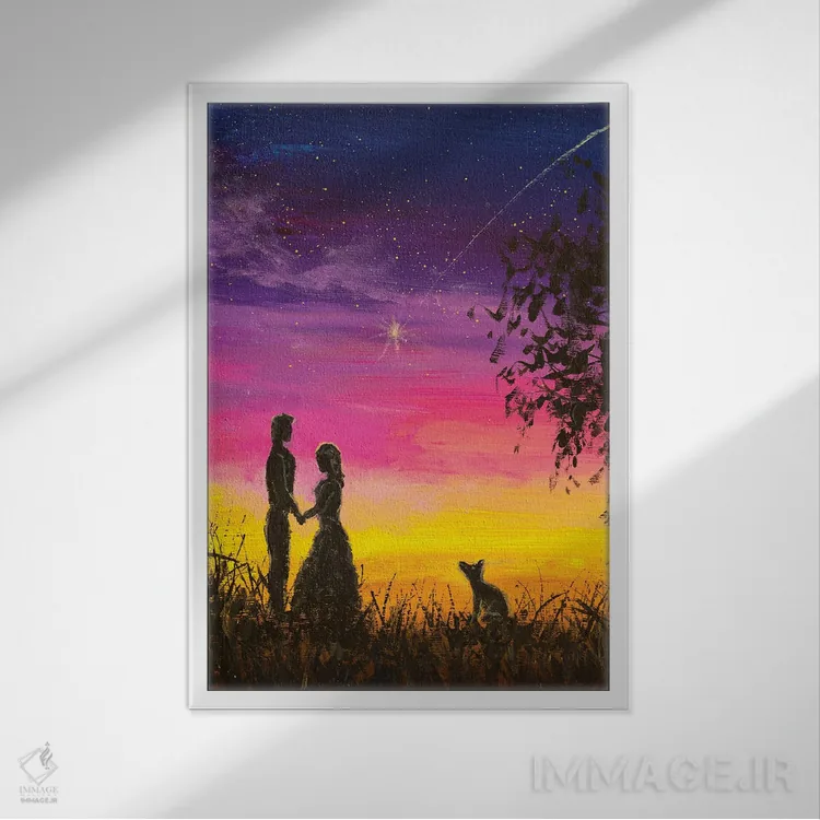 تابلو دکوراتیو زوج عاشق و سگ شان در شب ملاقات می کنند. احساسات عاشقانه اثر والری ریباکوف - نمای قابدار سفید