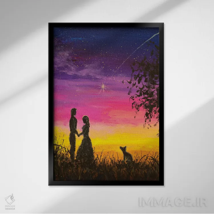 تابلو دکوراتیو زوج عاشق و سگ شان در شب ملاقات می کنند. احساسات عاشقانه اثر والری ریباکوف - نمای قابدار مشکی