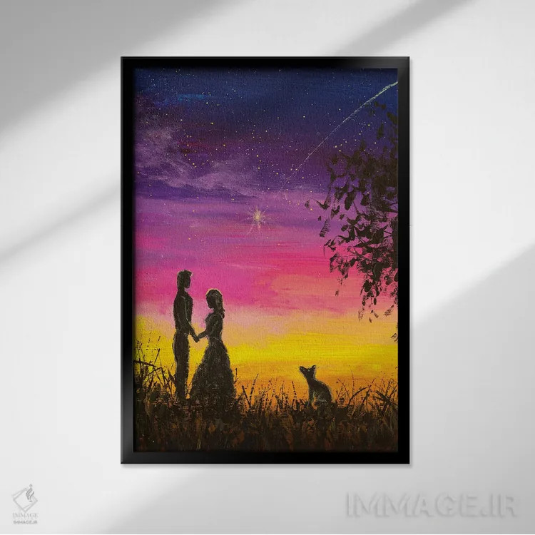 تابلو دکوراتیو زوج عاشق و سگ شان در شب ملاقات می کنند. احساسات عاشقانه اثر والری ریباکوف - نمای قابدار مشکی