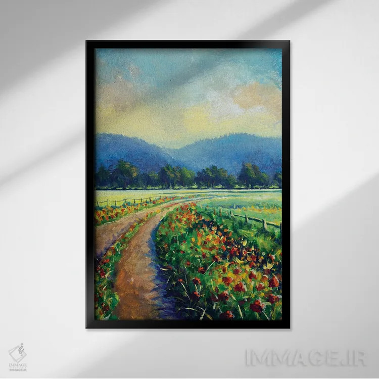 تابلو دکوراتیو چشم انداز آفتابی و جاده شکوفه دار به سوی کوهستان اثر والری ریباکوف - نمای قابدار مشکی
