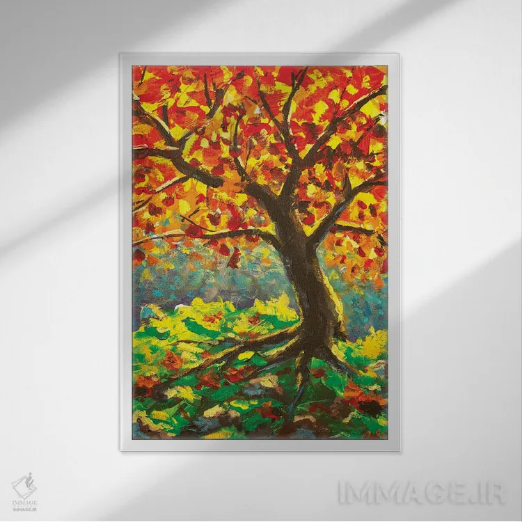 تابلو دکوراتیو درخت بزرگ و کهنسال پاییزی بر کوه سبز اثر والری ریباکوف - نمای قابدار سفید