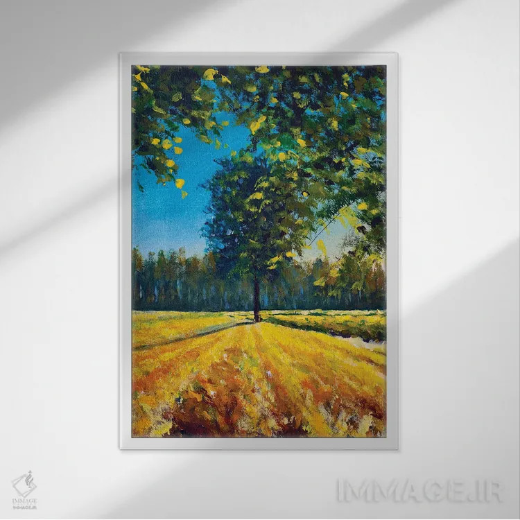 تابلو دکوراتیو منظره طبیعت تابستانی گرم با درخت بزرگ در مزرعه اثر والری ریباکوف - نمای قابدار سفید