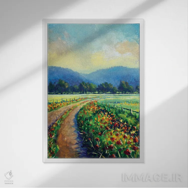 تابلو دکوراتیو چشم انداز آفتابی و جاده شکوفه دار به سوی کوهستان اثر والری ریباکوف - نمای قابدار سفید