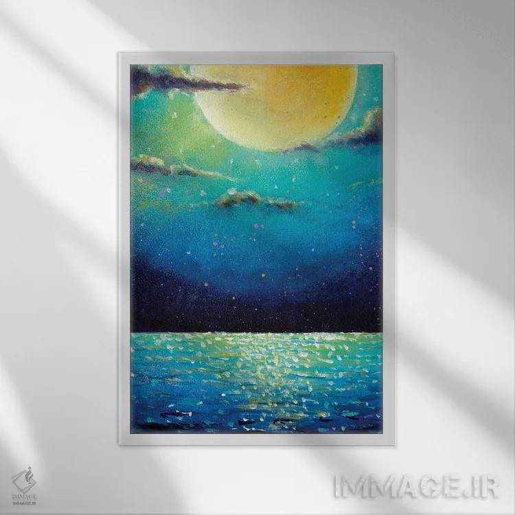 تابلو انتزاعی شب اسرارآمیز با ماه بزرگ تابان، سیاره و خورشید بر فراز اقی… اثر والری ریباکوف - نمای قابدار سفید