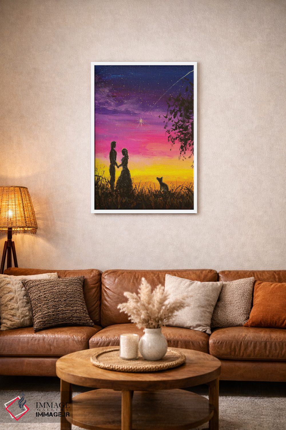 تابلو دکوراتیو زوج عاشق و سگ شان در شب ملاقات می کنند. احساسات عاشقانه اثر والری ریباکوف - D2W