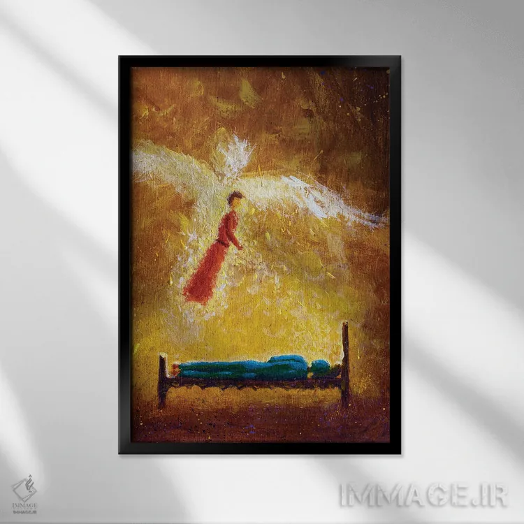 تابلو دکوراتیو فرشته ای که در خواب به مردی خوابیده می آید اثر والری ریباکوف - نمای قابدار مشکی