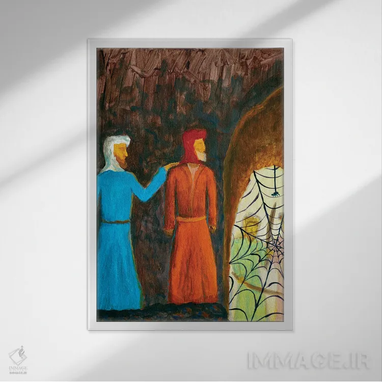 تابلو دکوراتیو پیامبر و ابوبکر پنهان شده در غار زیر محافظت تار عنکبوت اثر والری ریباکوف - نمای قابدار سفید