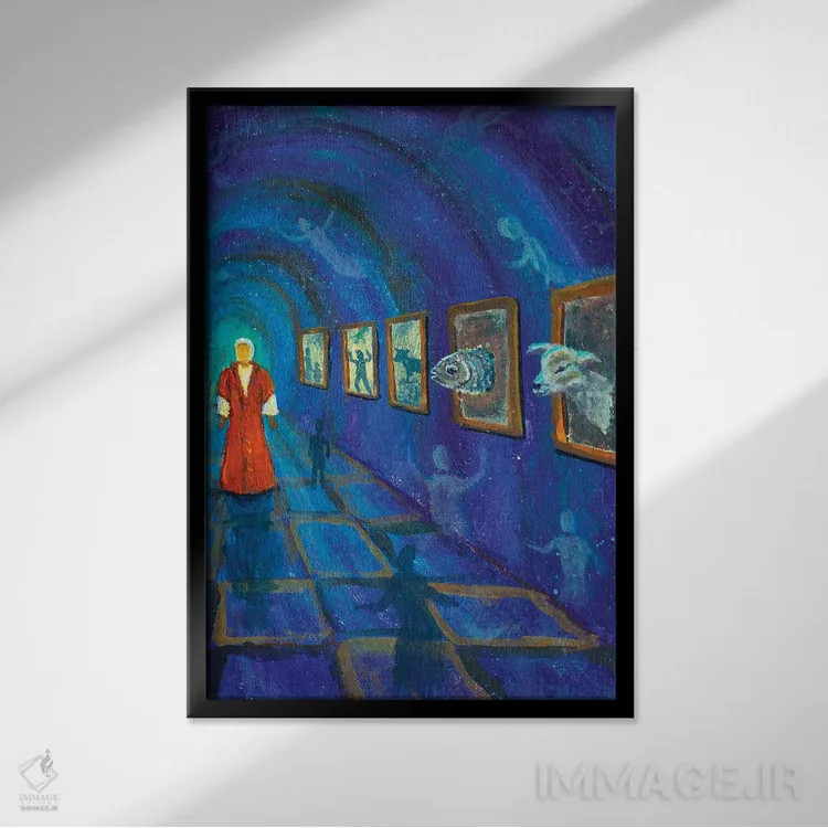 تابلو دکوراتیو زن با لباس قرمز در رویای پروکولا اثر والری ریباکوف - نمای قابدار مشکی