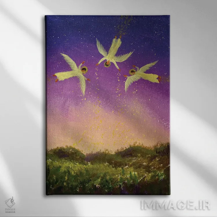 تابلو دکوراتیو Michel And Raphael Fly In Night,سه فرشته مقرب جبرئیل، میک… اثر والری ریباکوف - نمای روبهرو روی دیوار