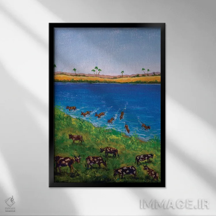 تابلو دکوراتیو رویای فرعون درباره هفت گاو لاغر که هفت گاو چاق را می خورن… اثر والری ریباکوف - نمای قابدار مشکی
