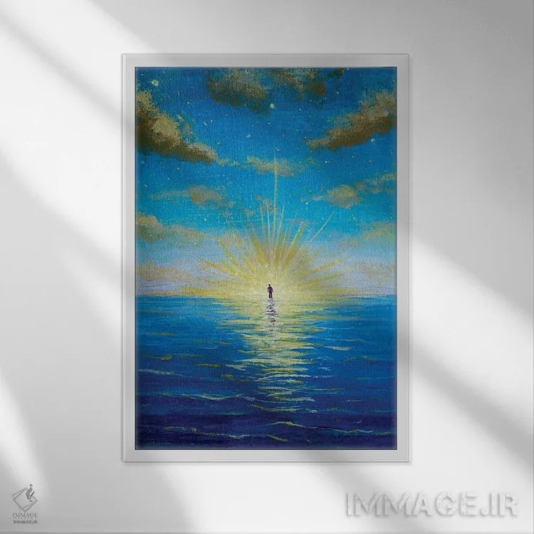 تابلو دکوراتیو مرد در آفتاب در حال راه رفتن روی آب در اقیانوس اثر والری ریباکوف - نمای قابدار سفید