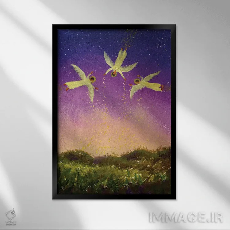 تابلو دکوراتیو Michel And Raphael Fly In Night,سه فرشته مقرب جبرئیل، میک… اثر والری ریباکوف - نمای قابدار مشکی