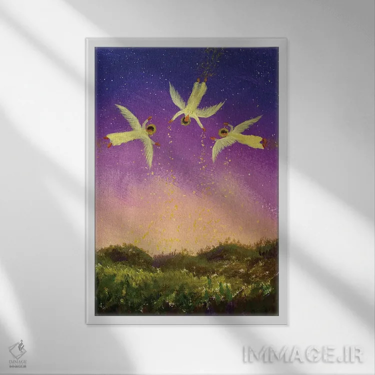 تابلو دکوراتیو Michel And Raphael Fly In Night,سه فرشته مقرب جبرئیل، میک… اثر والری ریباکوف - نمای قابدار سفید