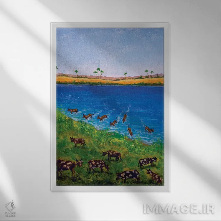 تابلو دکوراتیو رویای فرعون درباره هفت گاو لاغر که هفت گاو چاق را می خورن… اثر والری ریباکوف - نمای قابدار سفید