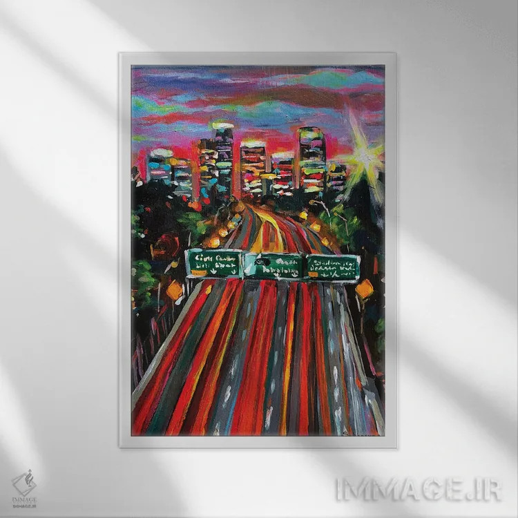 تابلو دکوراتیو منظره شبانه لس آنجلس. مرکز شهر اثر ویکتوریا سوخاسیان - نمای قابدار سفید